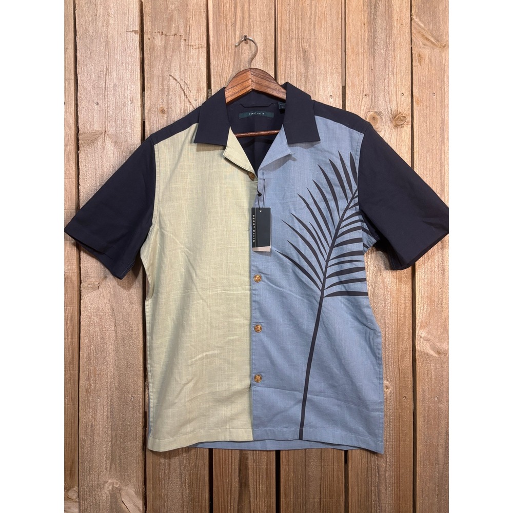 Perry Ellis Mens Colorblock Palm‎ Leaf Button Up Shirt Blue Yellow 4ISW7066PS S
